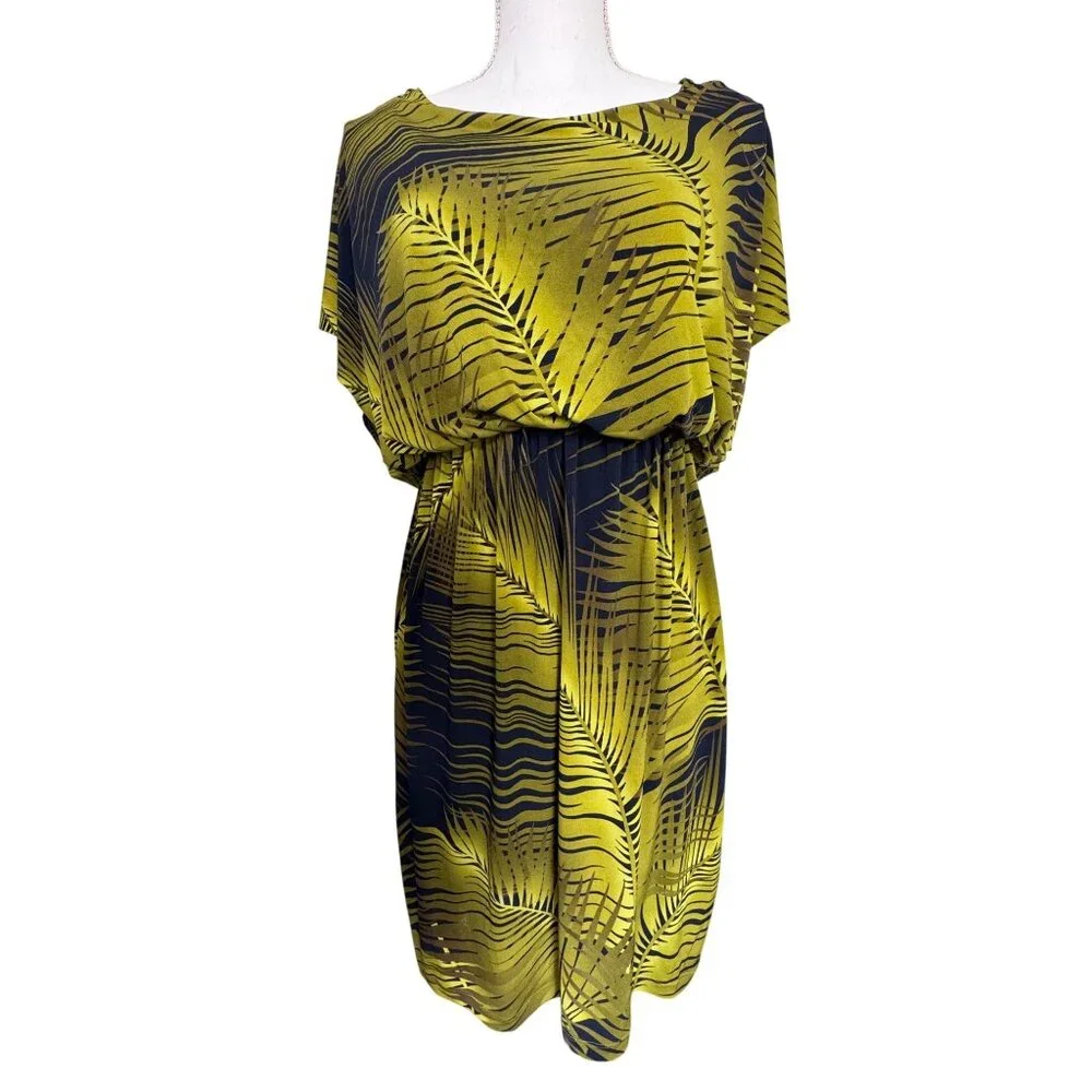 Valerie Bertinelli Womens Palm Leaf Print Dress NWT Size 6 Yellow & Black Polyes - Picture 1 of 16